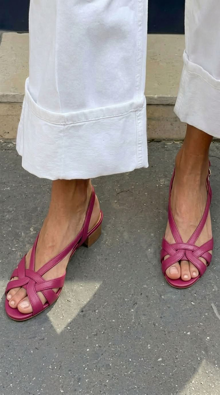 Scarlett – Nude Leather Slingback Sandals with Criss-Cross Straps and Low Heel – Byron Grace