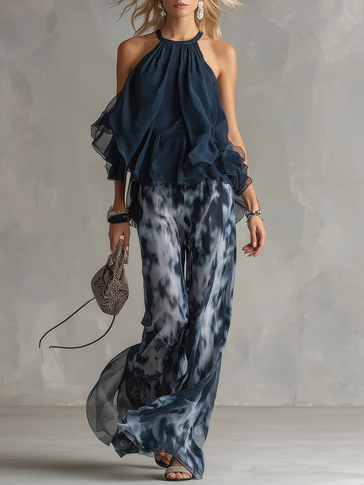 Claire - Navy Halter Neck Top And Printed Wide-leg Pants Chiffon Set