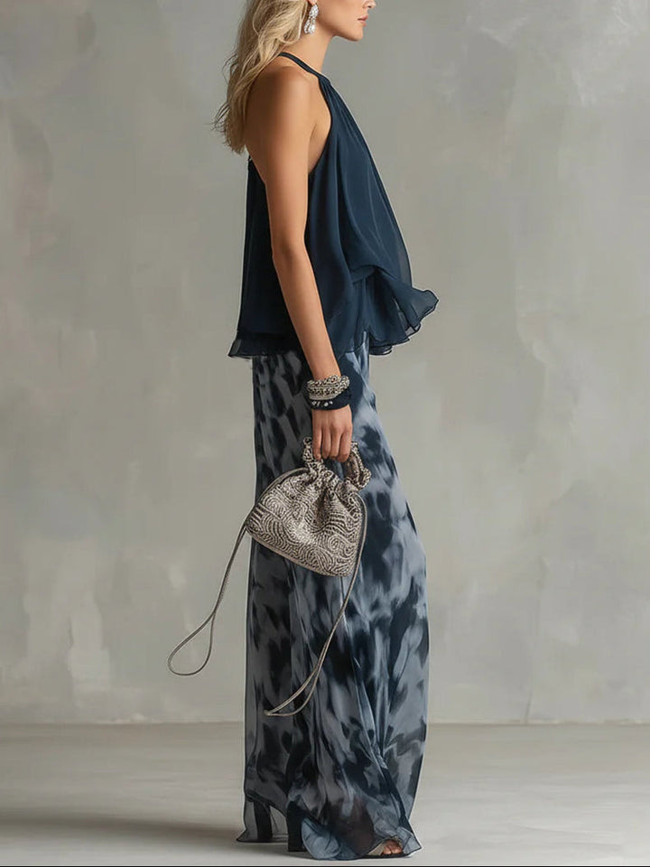 Claire - Navy Halter Neck Top And Printed Wide-leg Pants Chiffon Set