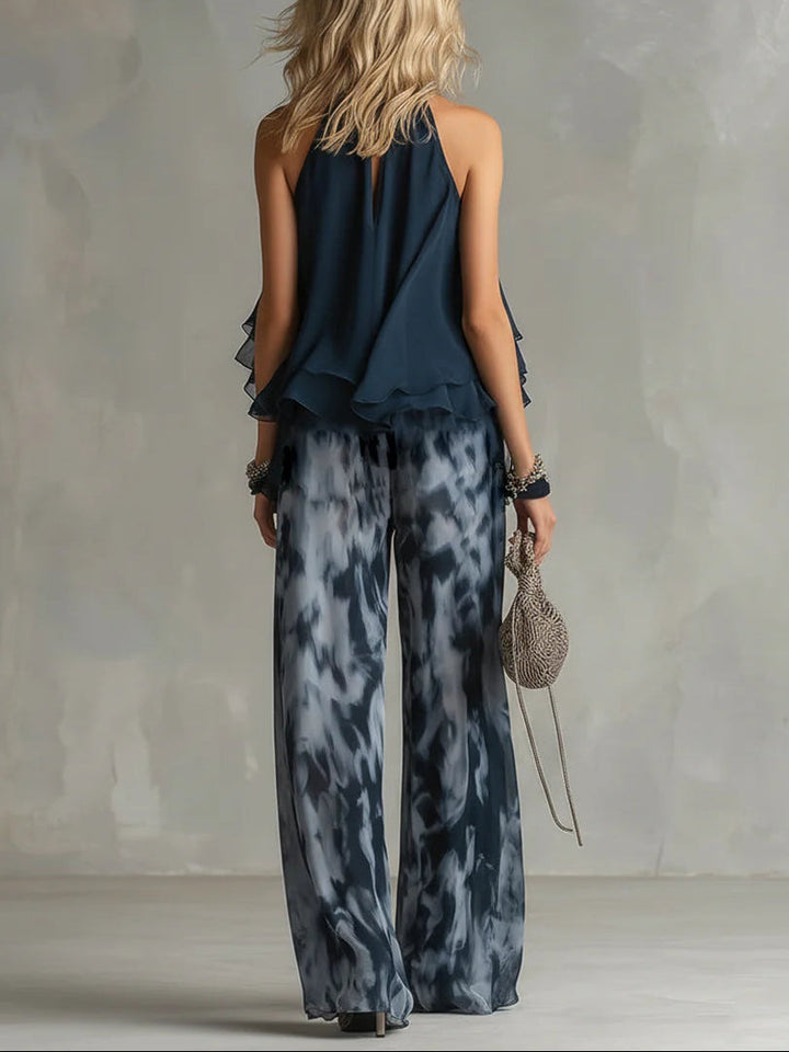 Claire - Navy Halter Neck Top And Printed Wide-leg Pants Chiffon Set