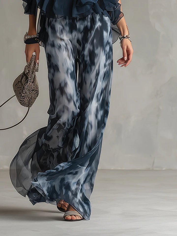 Claire - Navy Halter Neck Top And Printed Wide-leg Pants Chiffon Set