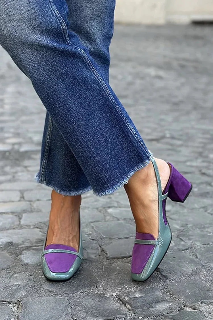 Donna – Purple Patchwork Square-Toe Slingback Chunky Heels – Byron Grace