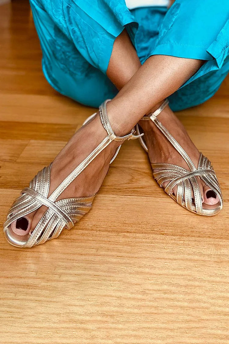 Clara – Glossy Flat Peep-Toe Sandals with T-Strap – Byron Grace