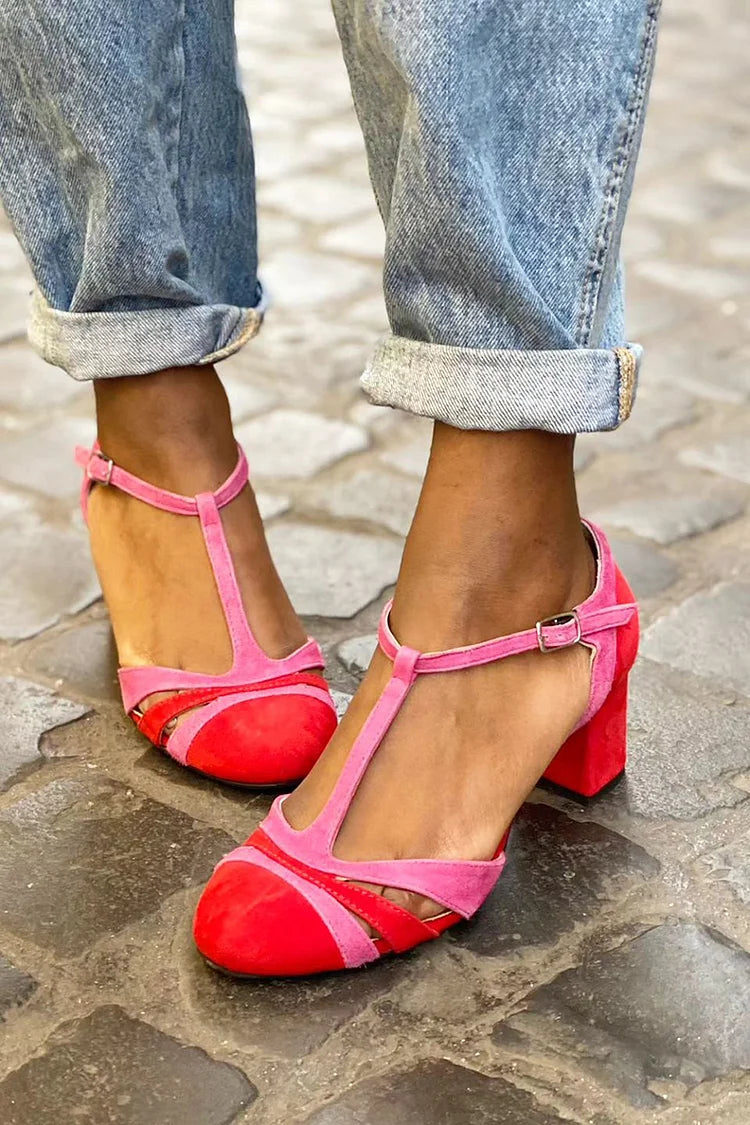 Nerida – Fuchsia Colour-Block Cut-Out Chunky Heels with Buckle and T-Strap – Byron Grace
