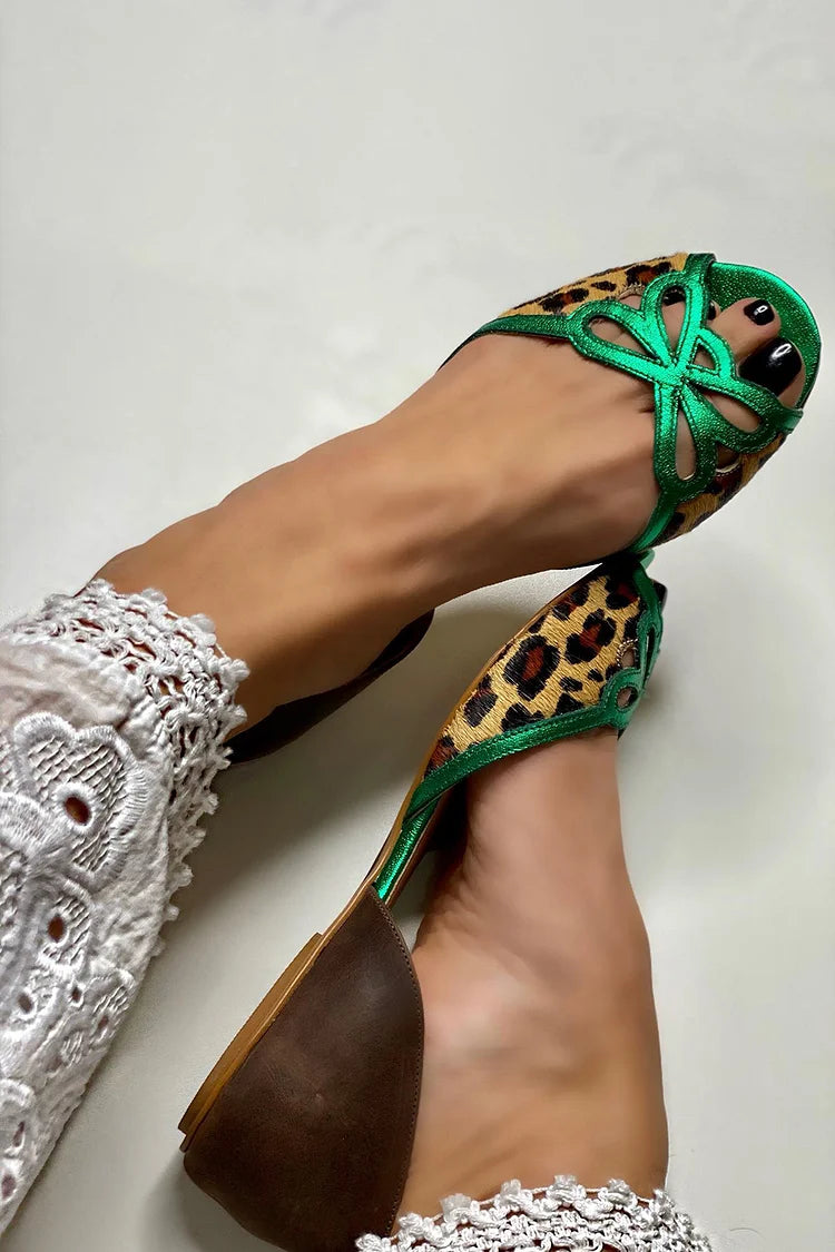 Helena – Green Leopard-Print Colour-Block Cut-Out Sandals – Byron Grace
