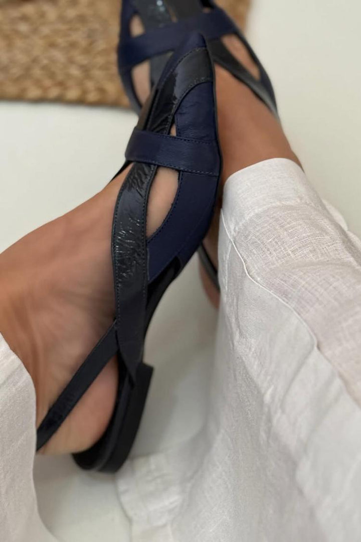 Roxana – Navy Blue Patchwork Cut-Out Pointed Slingback Ballet Flats – Byron Grace