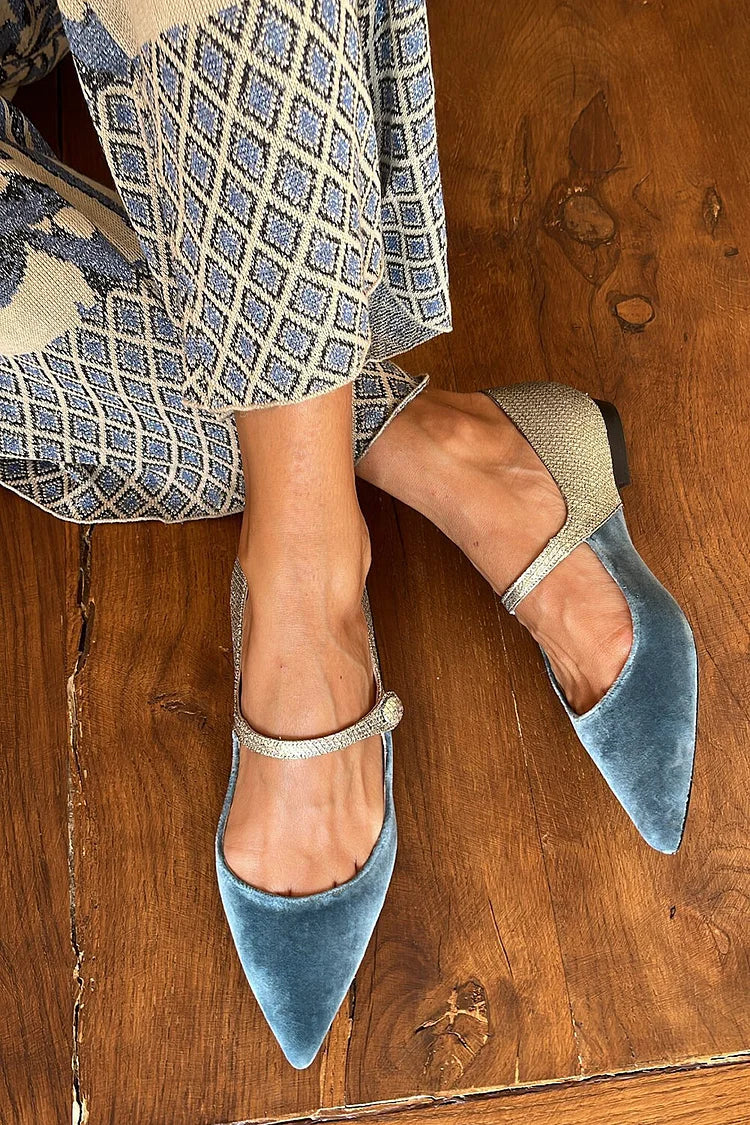 Bettina – Blue Patchwork Pointed Ballet Flats with Instep Strap and Buckle – Byron Grace