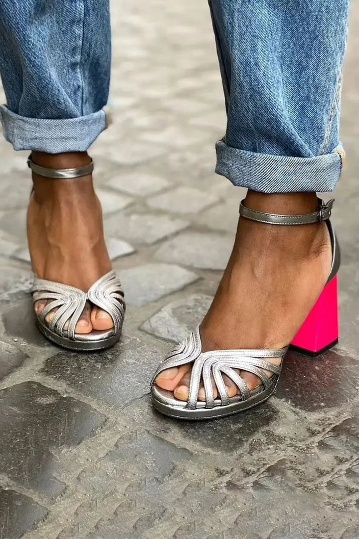 Adriana – Elegant Shiny Colour-Block Peep-Toe Chunky Heels with Ankle Strap and Buckle – Byron Grace