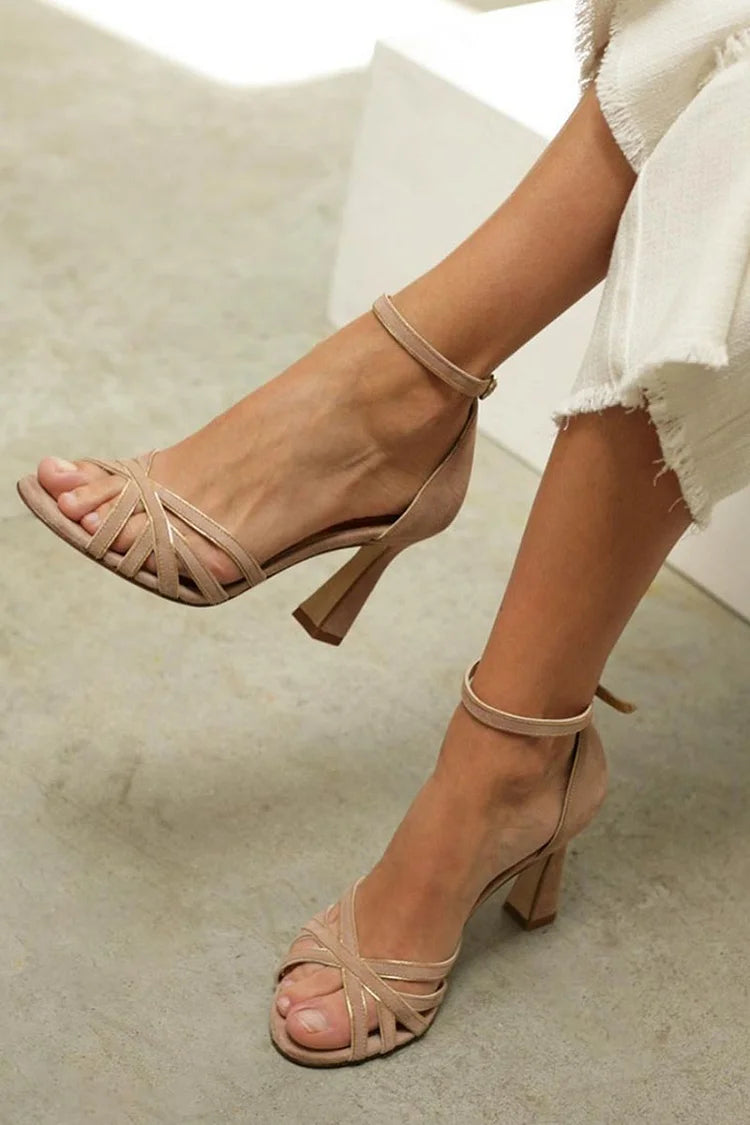 Florence – Brown Patchwork Peep-Toe Stiletto Heels with Ankle Strap and Buckle – Byron Grace