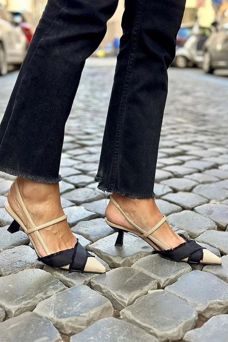 Lucia – Beige Colour-Block Pointed Slingback Heeled Sandals with Raw Edges – Byron Grace