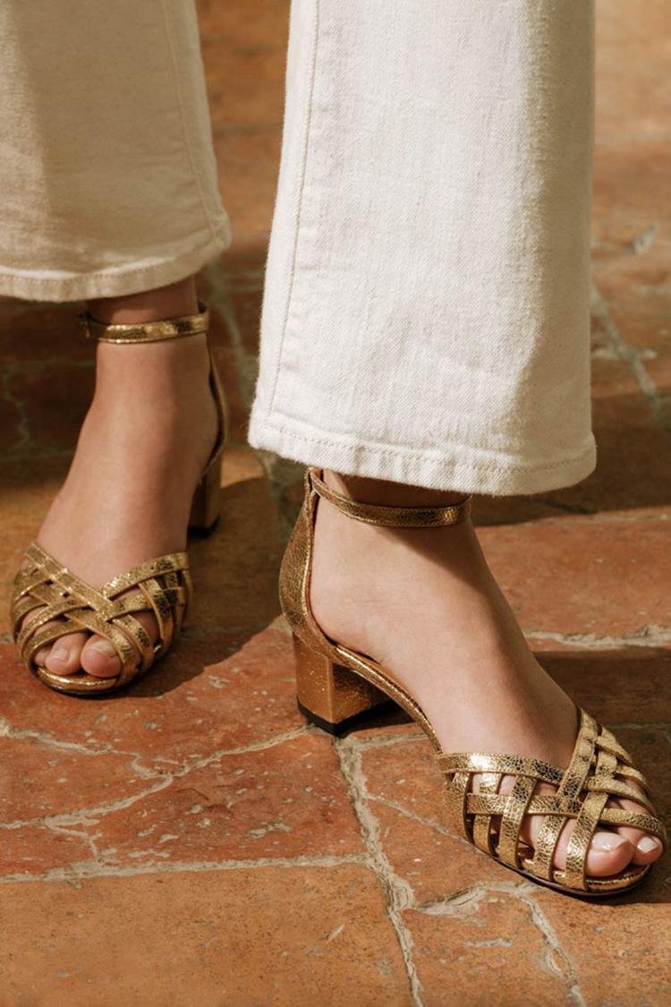 Ivana – Gold Woven Peep-Toe Chunky Heels with Ankle Strap and Buckle – Byron Grace