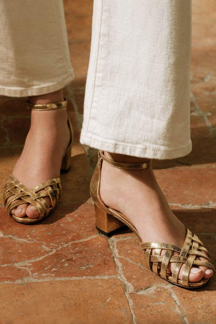 Ivana – Gold Woven Peep-Toe Chunky Heels with Ankle Strap and Buckle – Byron Grace