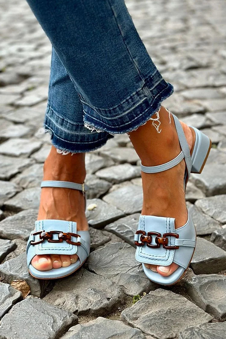 Elodie – Blue Low Heels with Metal Chain and Contrast Stitching – Byron Grace