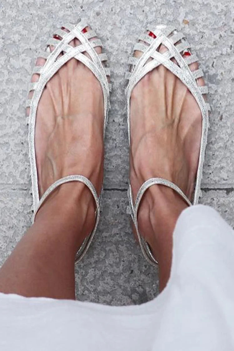 Uma – Silver Round-Toe Cut-Out Sandals with Ankle Strap – Byron Grace