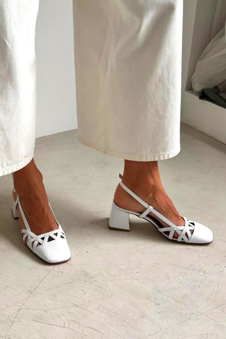 Anais – White Square-Toe Cut-Out Slingback Chunky Heels – Byron Grace