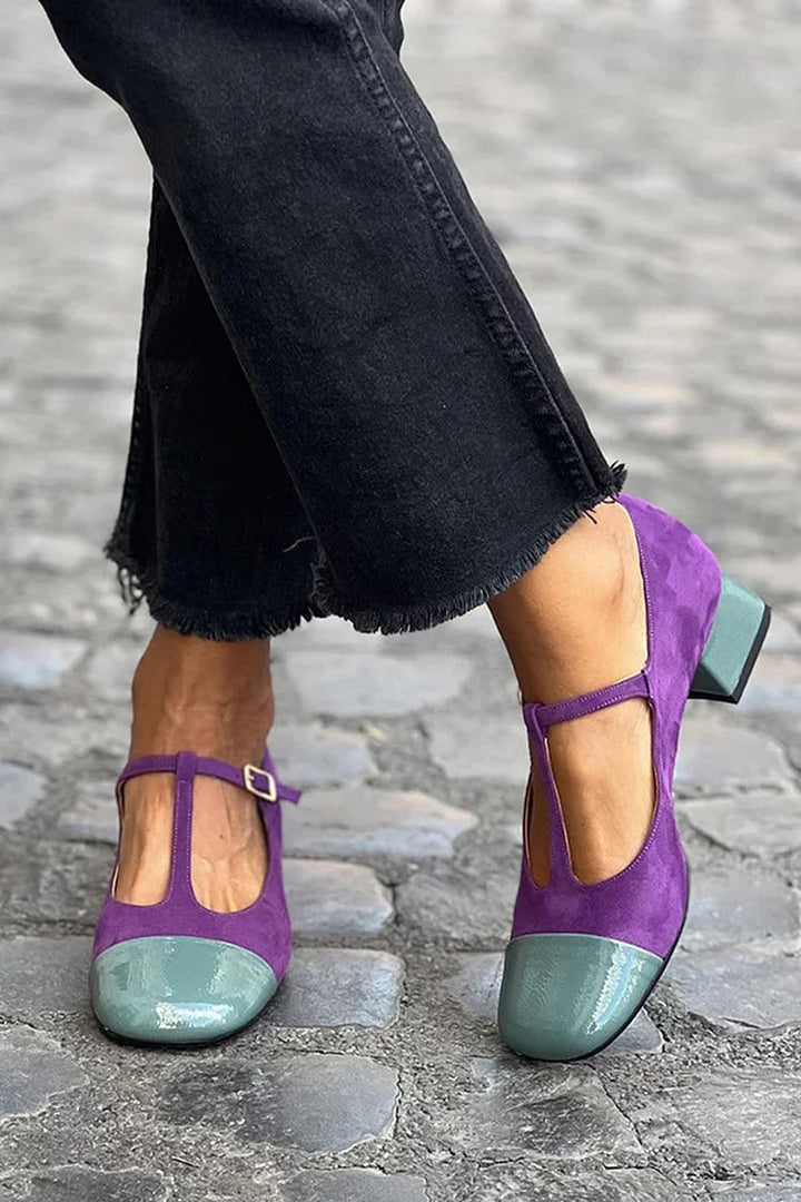 Ramona – Purple Colour-Block Round-Toe Chunky Heels with Buckle and T-Strap – Byron Grace