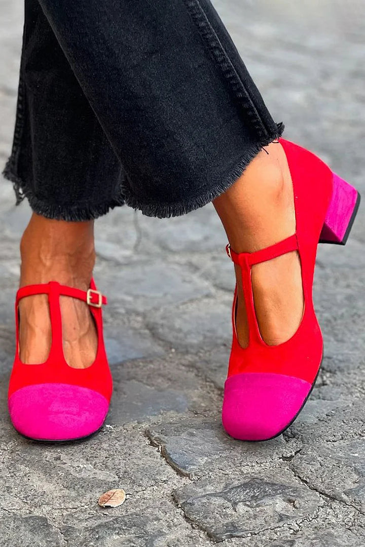 Esme – Red Patchwork Round-Toe Chunky Heels with Buckle and T-Strap – Byron Grace
