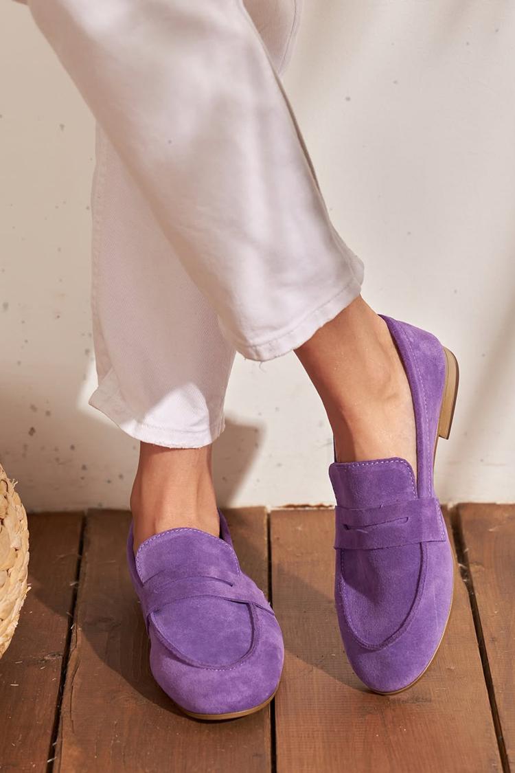 Estelle – Purple Plain Round-Toe Patchwork Loafers – Byron Grace