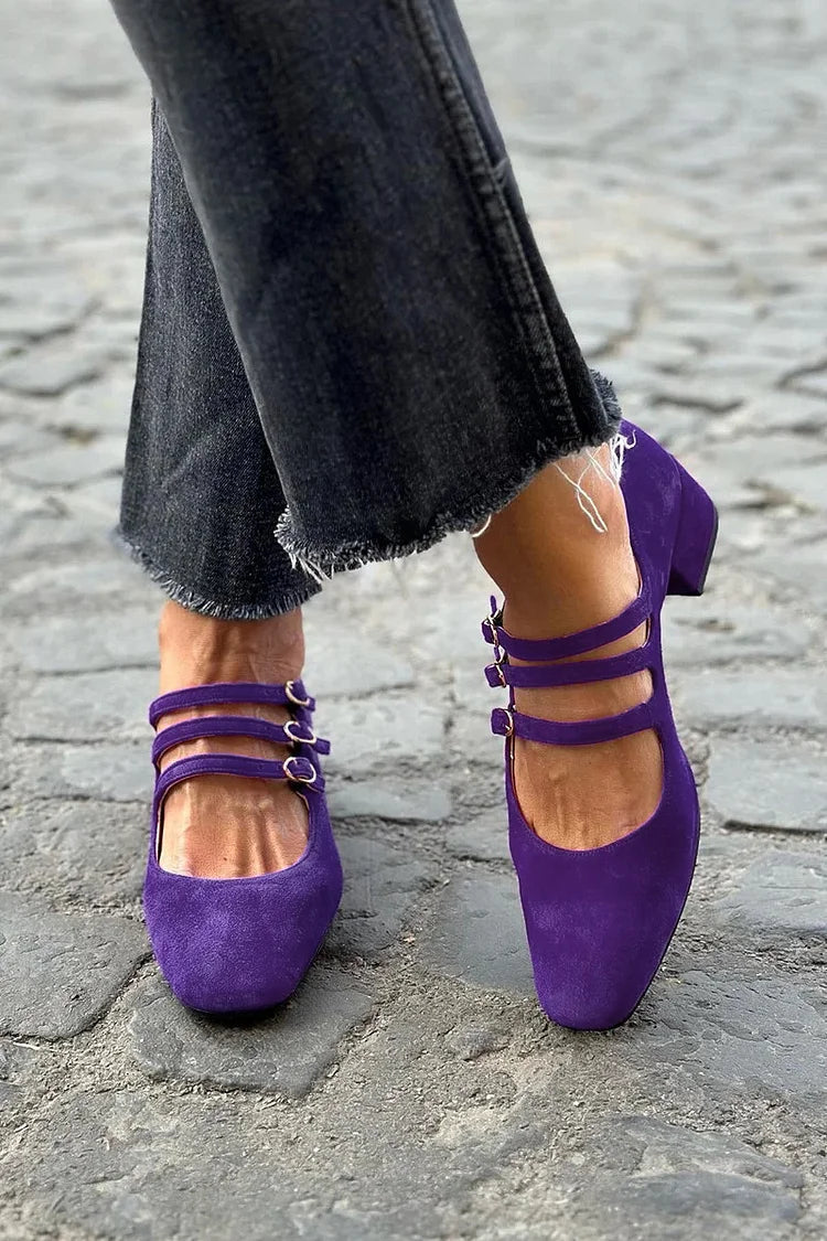 Ottilie – Purple Square-Toe Chunky Heels with Buckle – Byron Grace