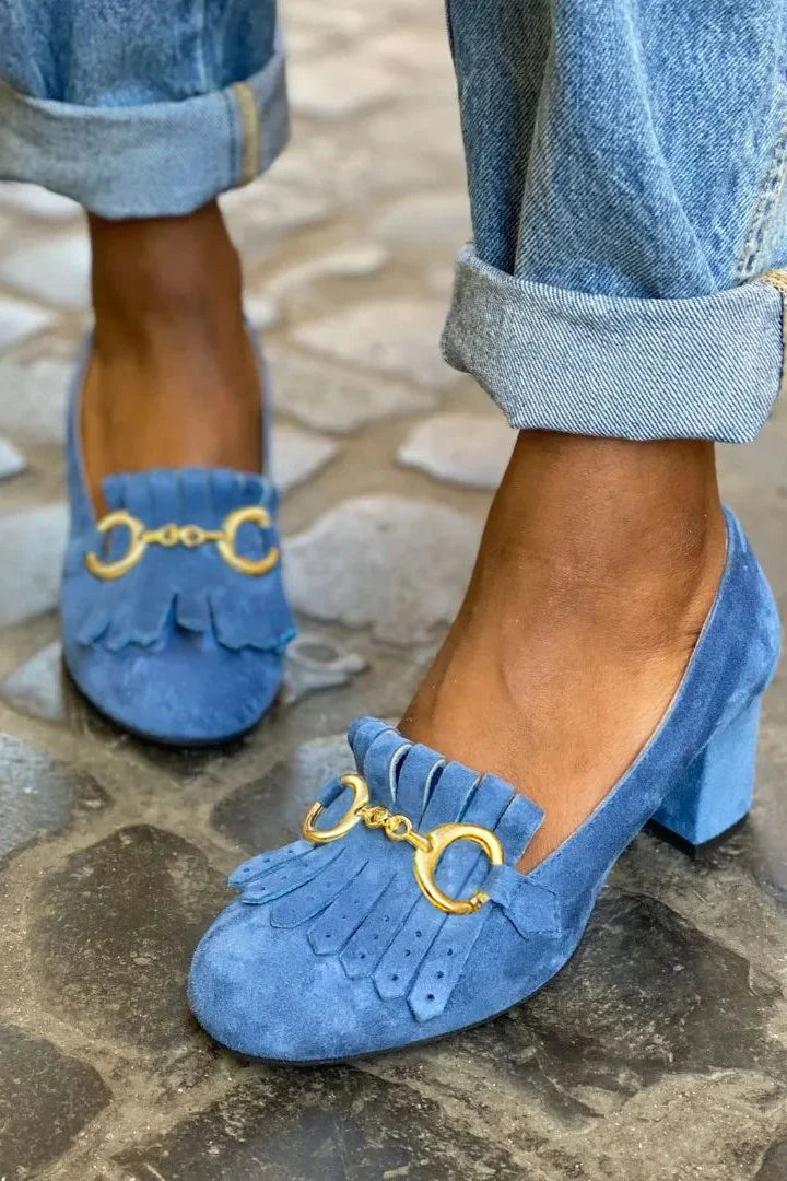 Vanessa – Matte Round-Toe Chunky Heels with Buckle and Fringe – Byron Grace