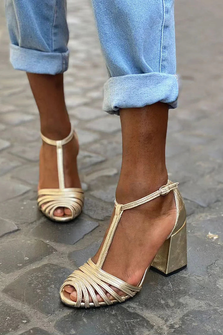 Tamsin – Peep-Toe Chunky Heels with Buckle, T-Strap and Straps – Byron Grace