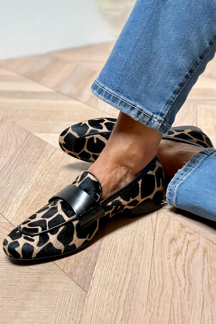Gloria – Cow-Print Colour-Block Round-Toe Slip-On Loafers – Byron Grace