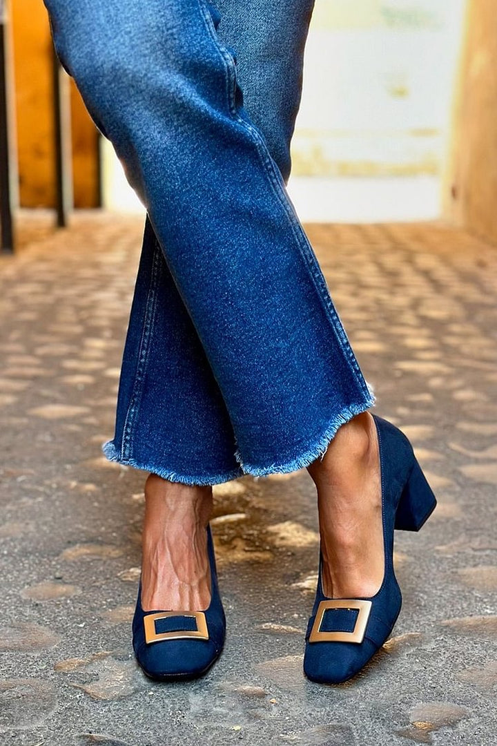 Thea – Navy Blue Patchwork Square-Toe Chunky Heels – Byron Grace