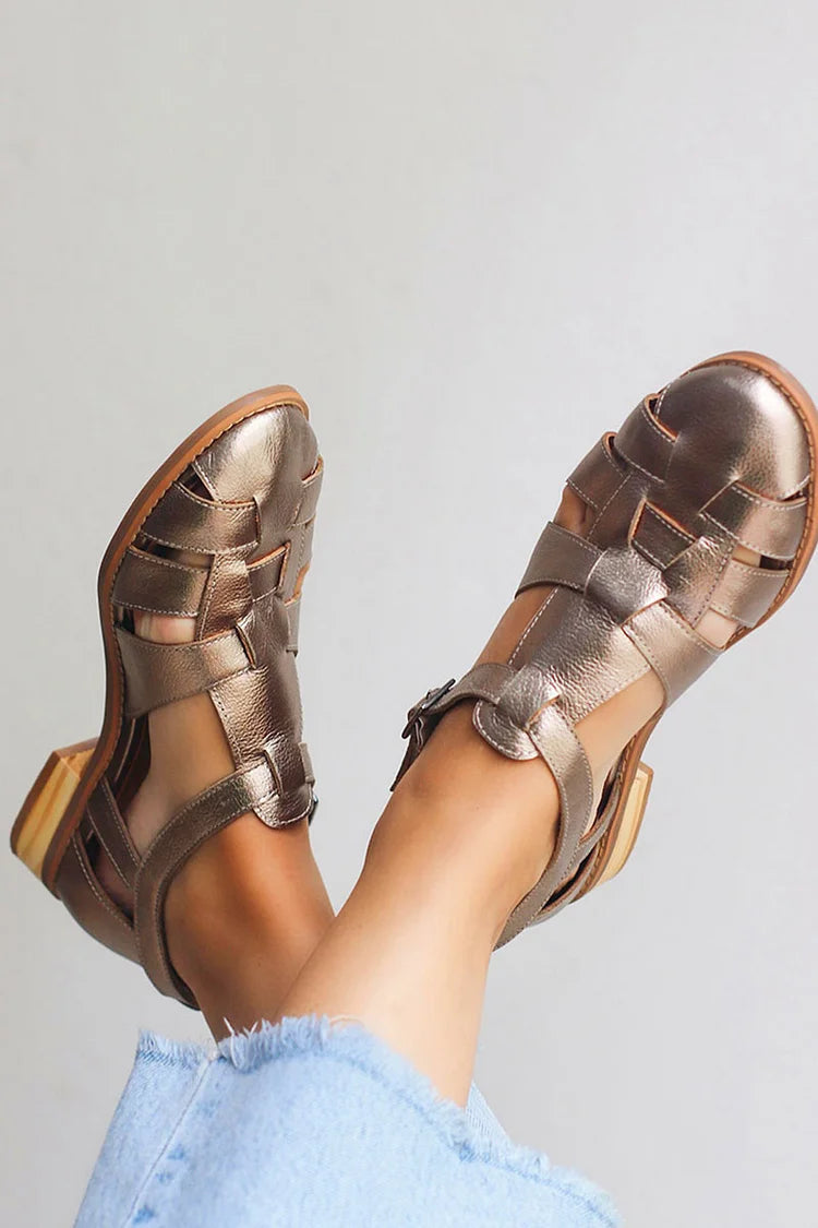 Carla – Champagne Glossy Woven Metallic Round-Toe Ballet Flats – Byron Grace