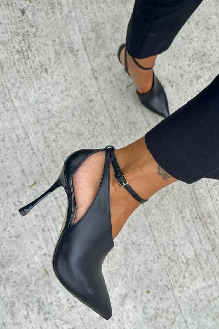 Winona – Black Cut-Out Pointed Stiletto Heels with Ankle Strap and Buckle – Byron Grace