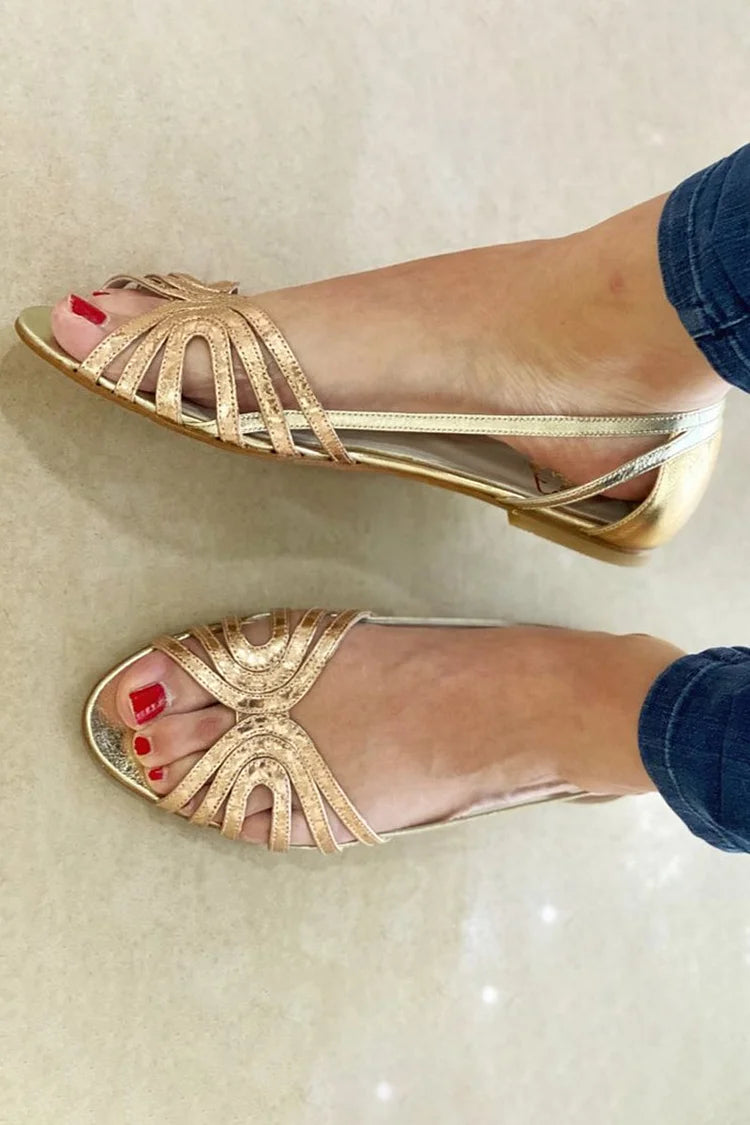 Delphine – Glossy Metallic Cut-Out Peep-Toe Sandals – Byron Grace