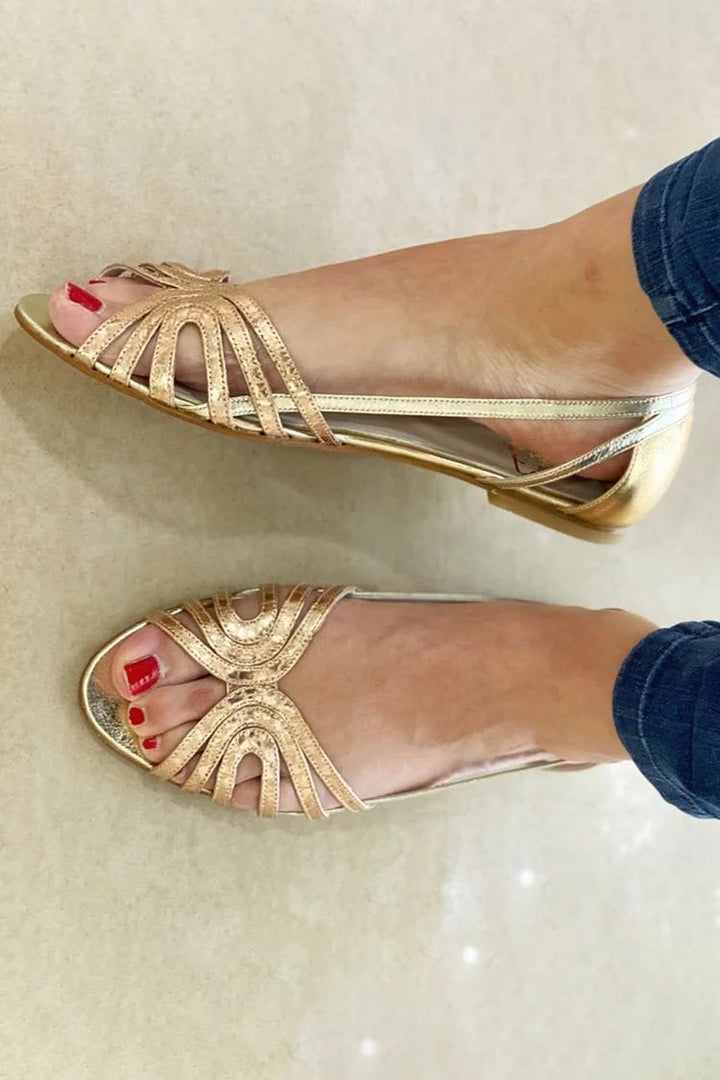 Delphine – Glossy Metallic Cut-Out Peep-Toe Sandals – Byron Grace