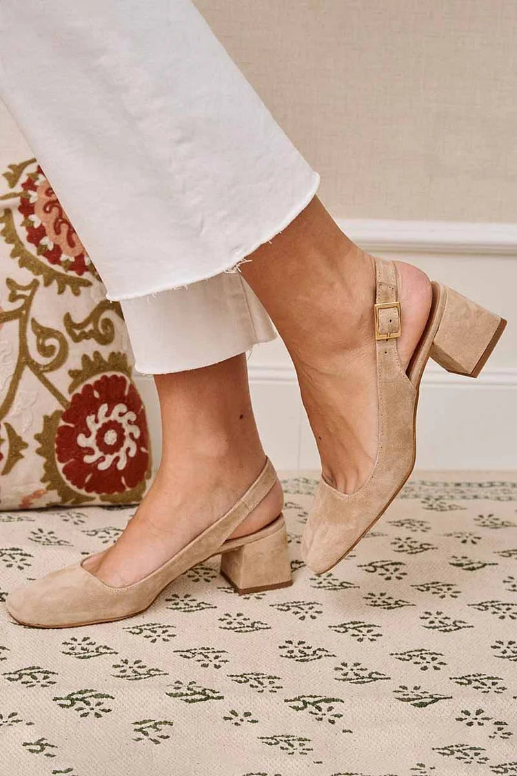 Hazel – Khaki Essential Chunky Square-Toe Slingback Heels with Buckle – Byron Grace