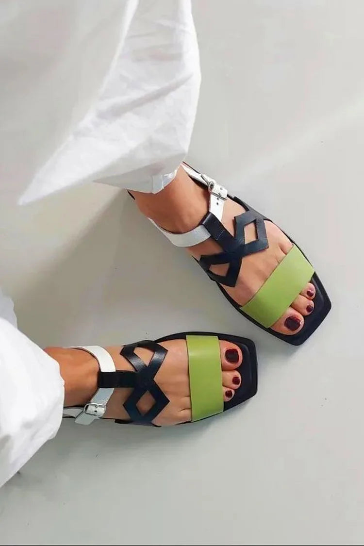 Natalia – Black Colour-Block Square-Toe Cut-Out Sandals – Byron Grace
