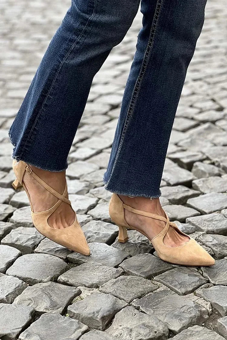 Katarina – Khaki Plain Pointed Low Heels with Buckle and Criss-Cross Straps – Byron Grace