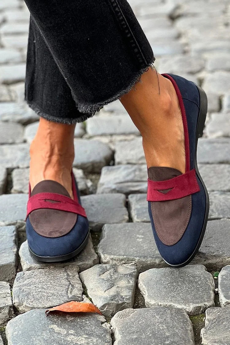 Pearl – Navy Blue Colour-Block Patchwork Round-Toe Loafers – Byron Grace