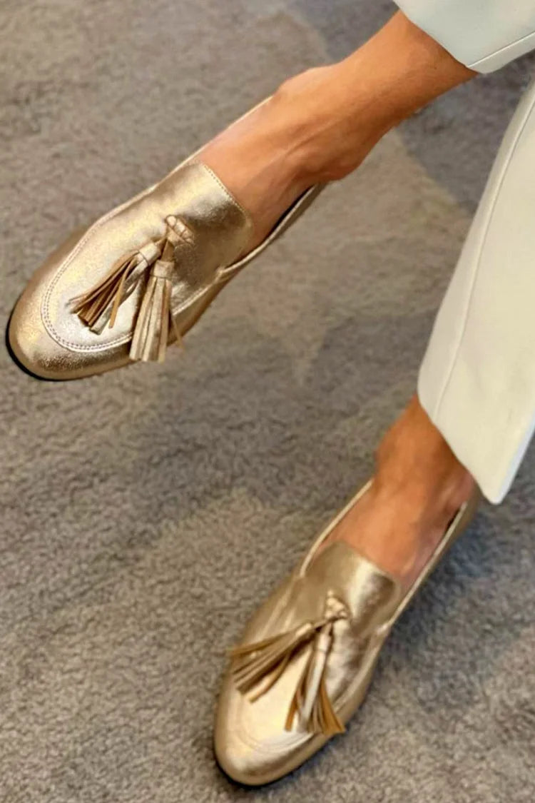 Nicola – Gold Glossy Metallic Loafers with Contrast Stitching – Byron Grace