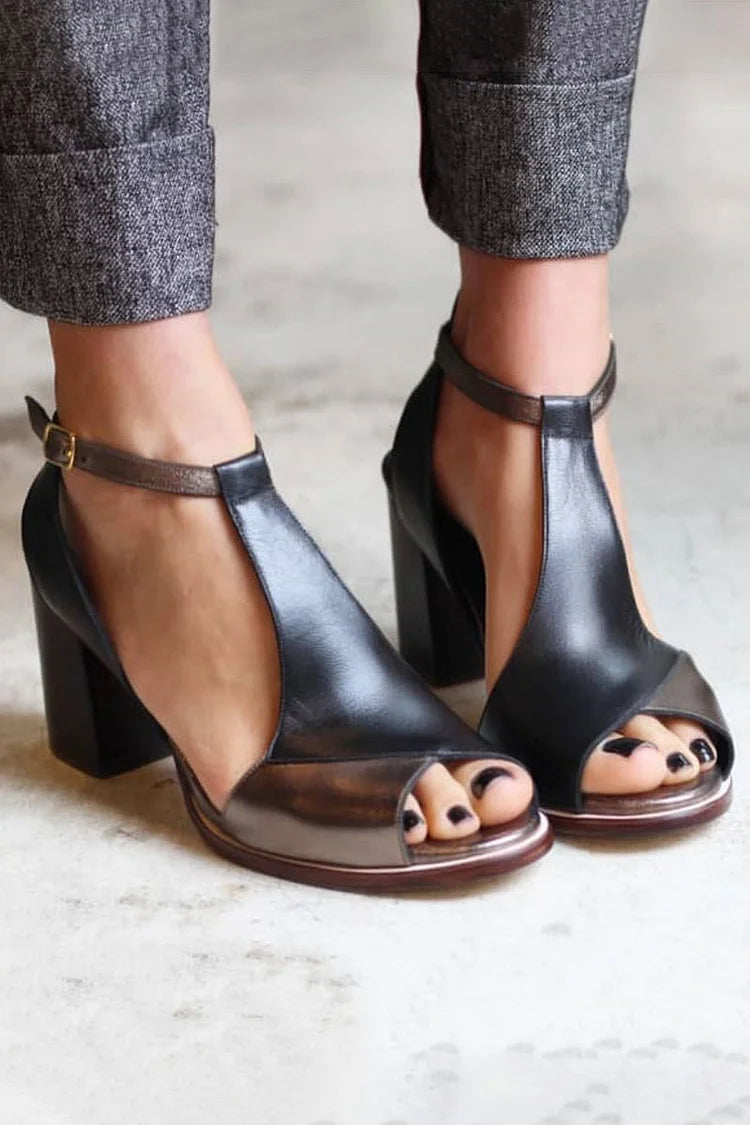 Selene – Black Patchwork Peep-Toe Chunky Heels with Ankle Strap – Byron Grace