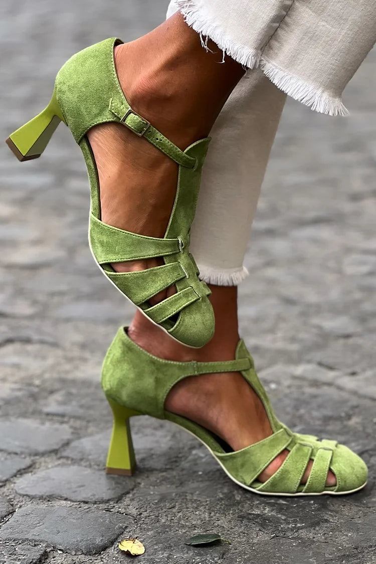 Kiara – Green Crochet Cut-Out Closed-Toe Heeled Sandals – Byron Grace