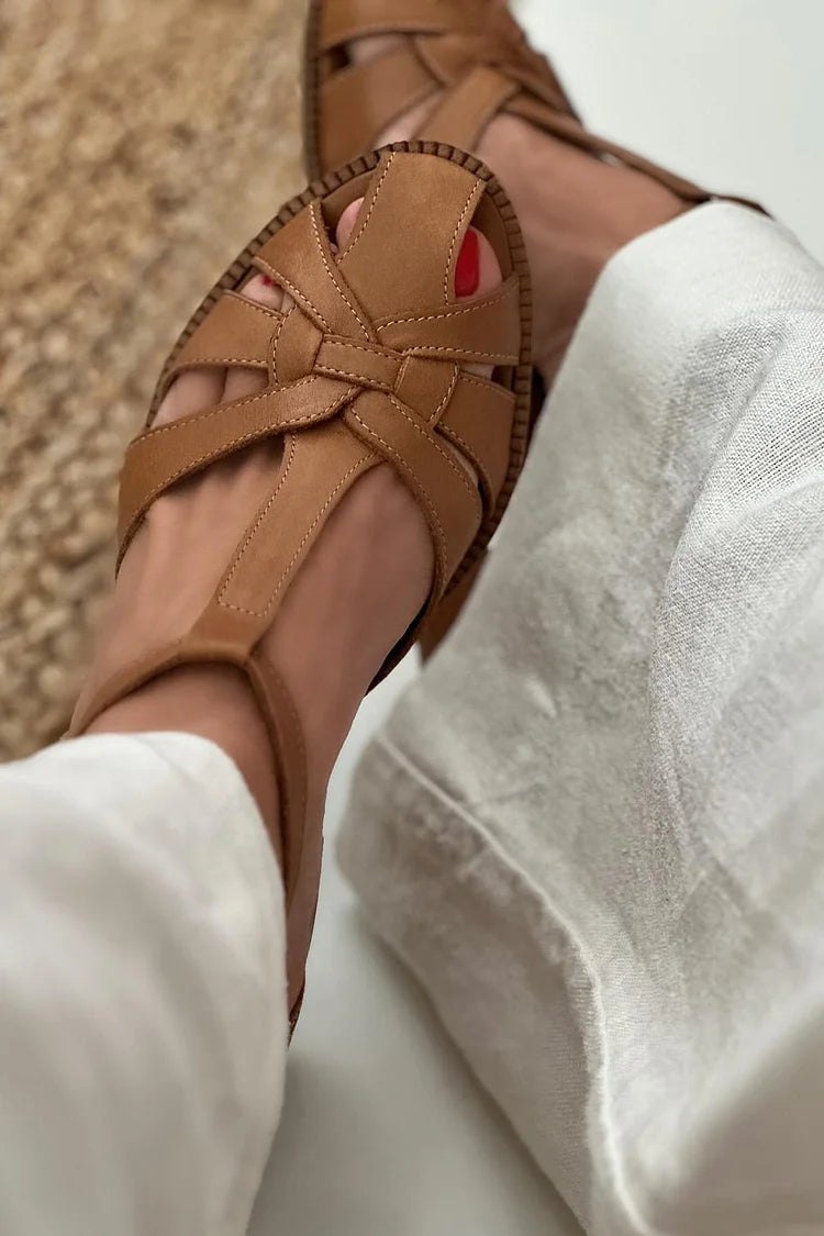 Sasha – Brown Woven Cut-Out Chunky Heels with Buckle and T-Strap – Byron Grace