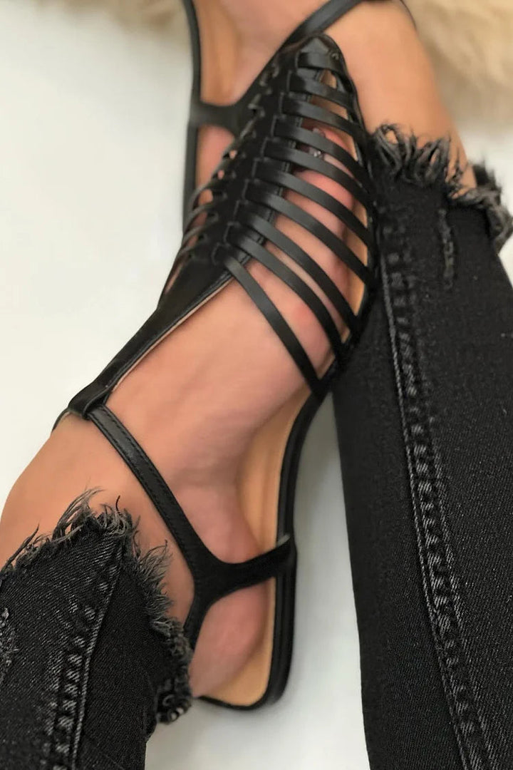 Camille – Black Casual Essential Cut-Out Pointed Sandals with T-Strap – Byron Grace