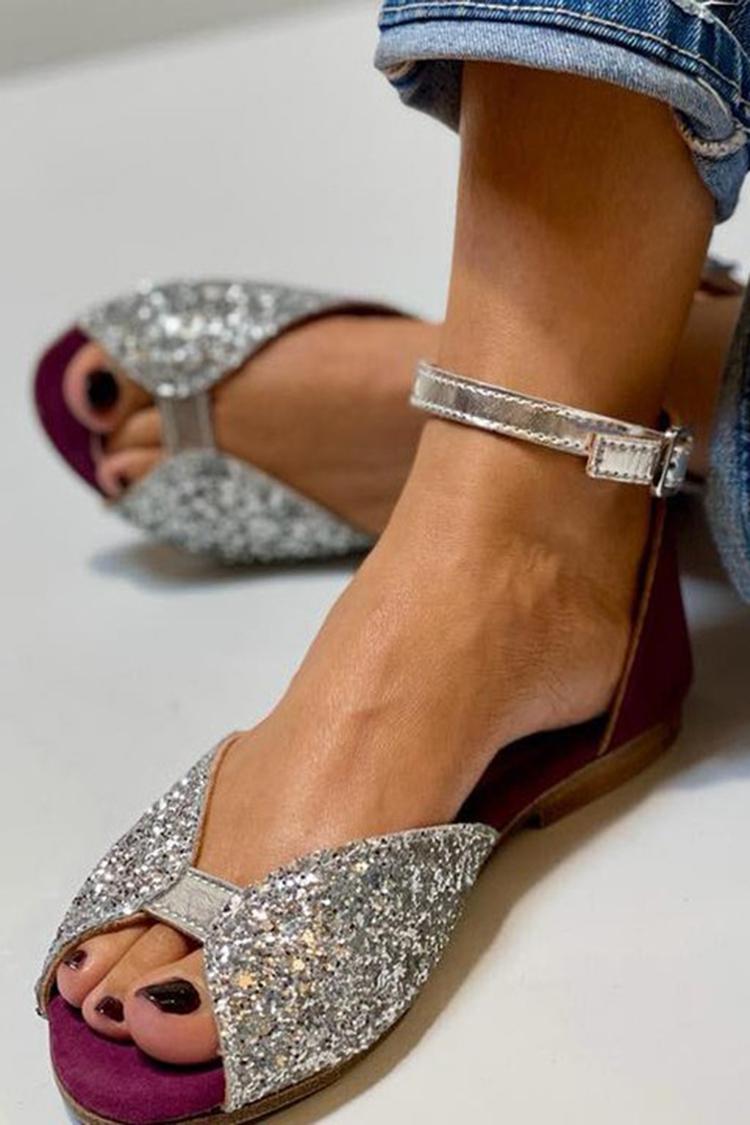 Nadia – Silver Glitter Peep-Toe Sandals with Ankle Strap and Buckle – Byron Grace