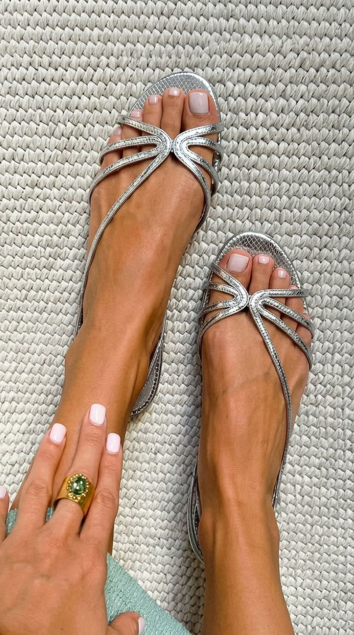 Evie – Metallic Snake-Effect Strappy Sandals – Byron Grace