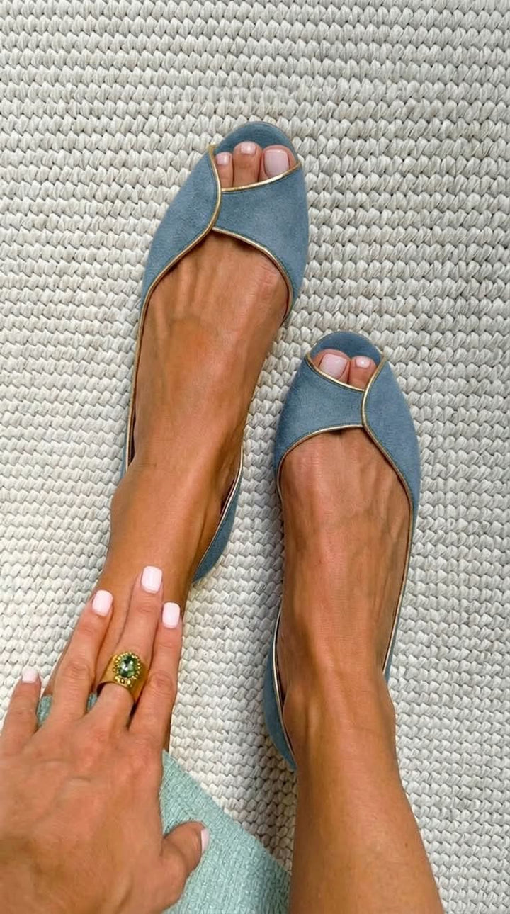 Ivy – Beige and Gold Suede d'Orsay Open-Toe Ballet Flats – Byron Grace