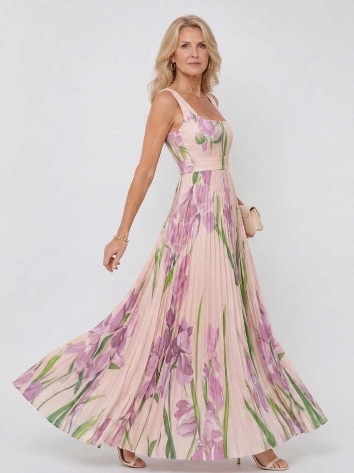 Chloe - Sleeveless Satin Midi Dress with Square Neck and Pleats