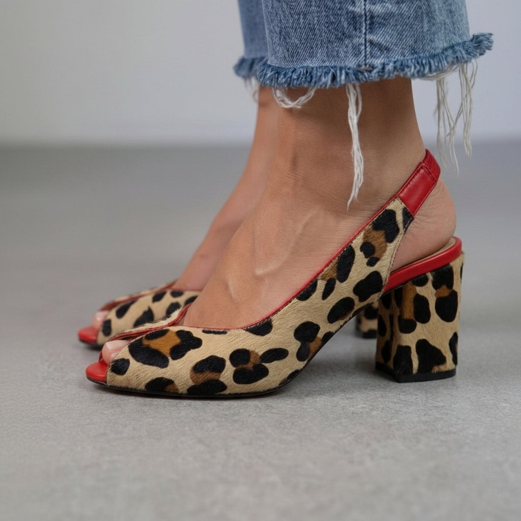Lara – Red Leopard-Print Peep-Toe Slingback Block Heels – Byron Grace
