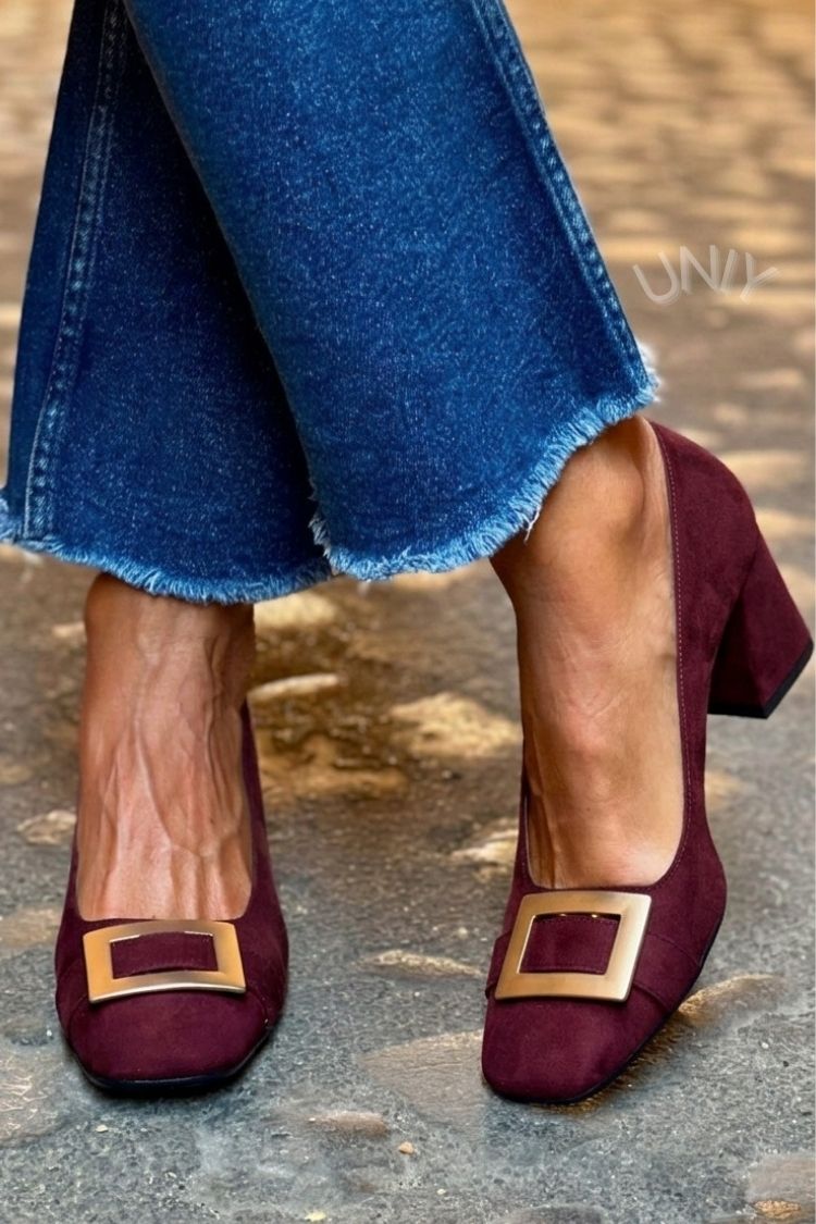 Thea – Navy Blue Patchwork Square-Toe Chunky Heels – Byron Grace