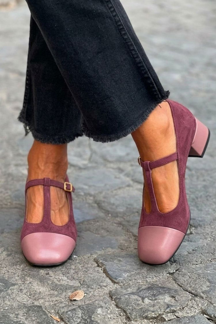 Ramona – Purple Colour-Block Round-Toe Chunky Heels with Buckle and T-Strap – Byron Grace