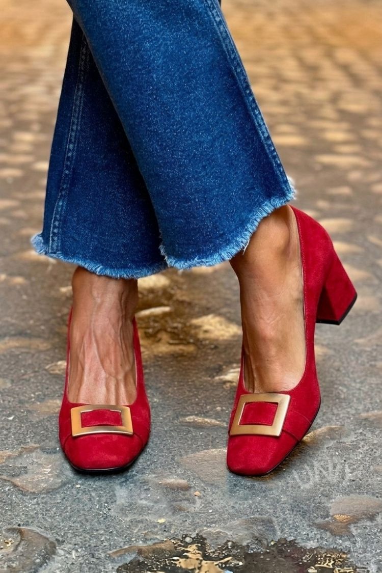 Thea – Navy Blue Patchwork Square-Toe Chunky Heels – Byron Grace
