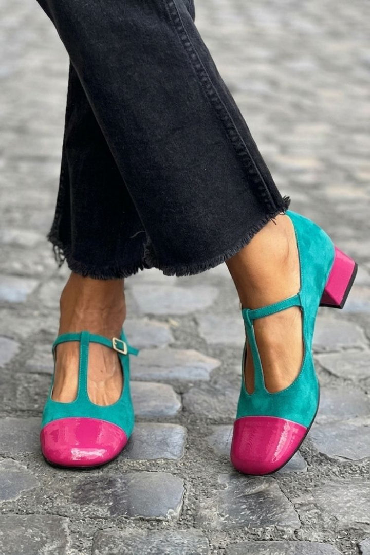 Ramona – Purple Colour-Block Round-Toe Chunky Heels with Buckle and T-Strap – Byron Grace