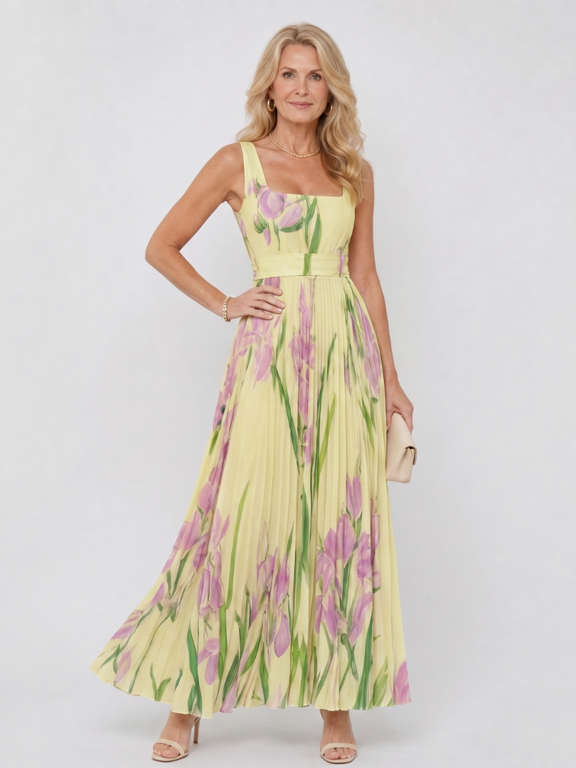 Chloe - Sleeveless Satin Midi Dress with Square Neck and Pleats